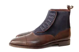 Bellevue - MTO - Dark Brown Museum Calf / Navy Suede - Sky Blue Stitching - Blue Buttons - MGF Last - Single Leather Sole