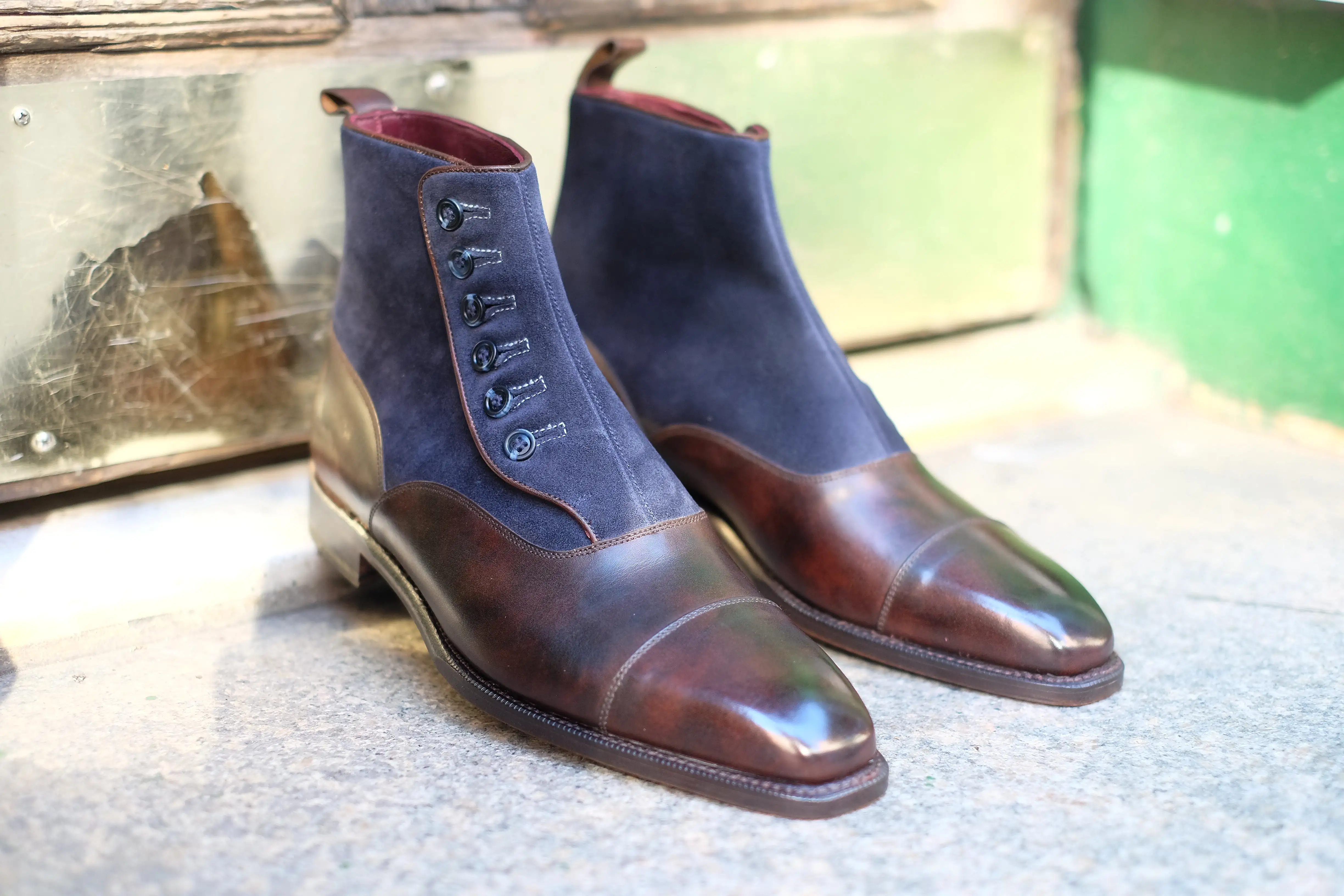 Bellevue - MTO - Dark Brown Museum Calf / Navy Suede - Sky Blue Stitching - Blue Buttons - MGF Last - Single Leather Sole