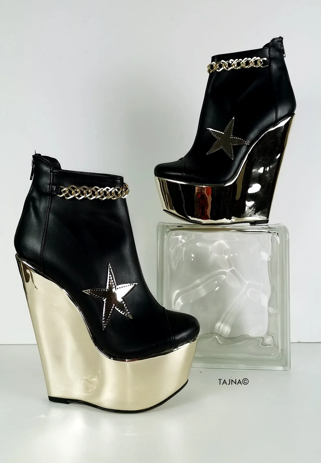 Black Gold Star Detail Ankle Wedges