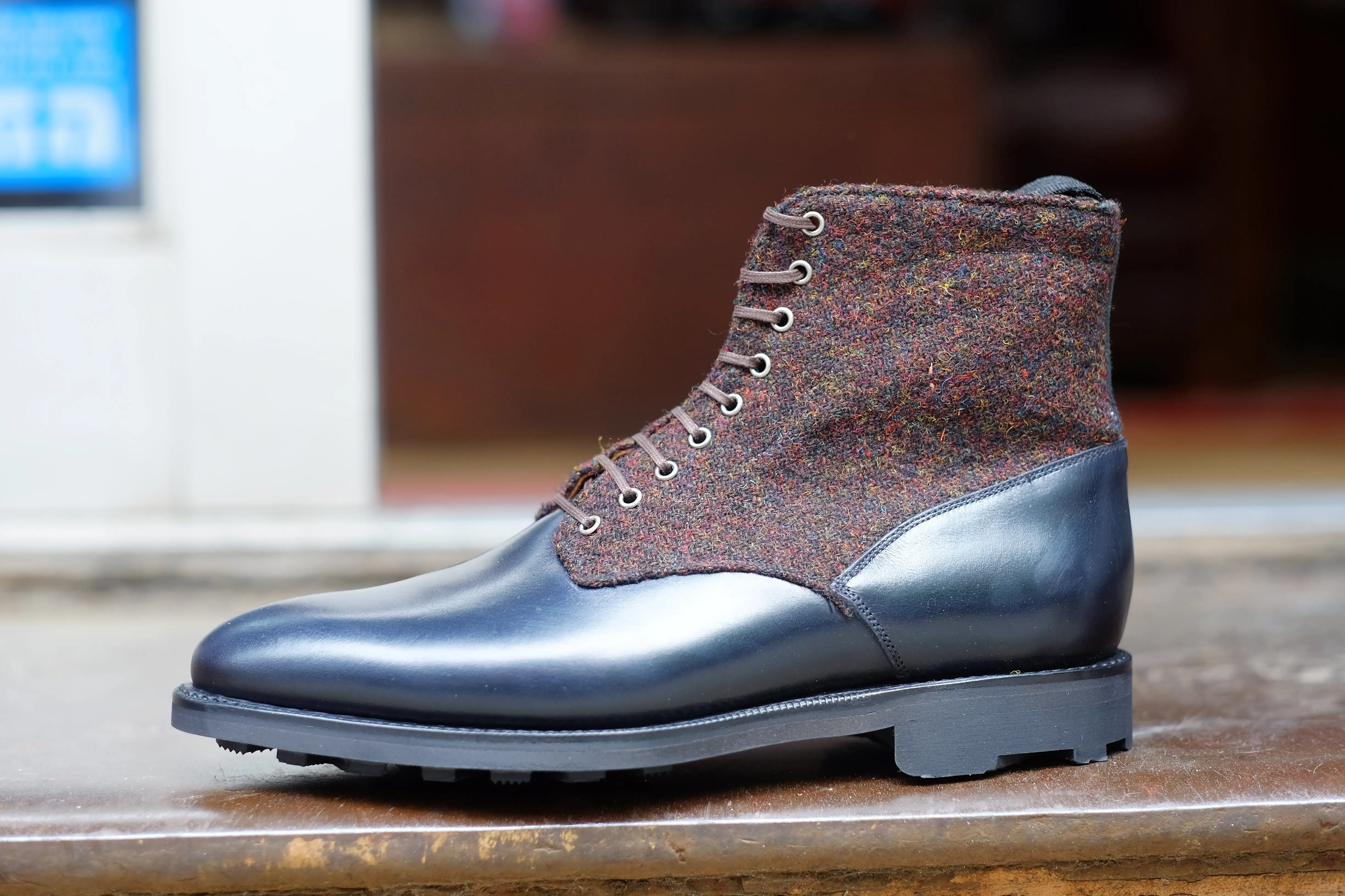 Blaine - MTO - Rugged Navy Calf / Burgundy Medley Tweed - Aged Silver Eyelets (No Speedhooks) - TMG Last - Rugged Rubber Sole