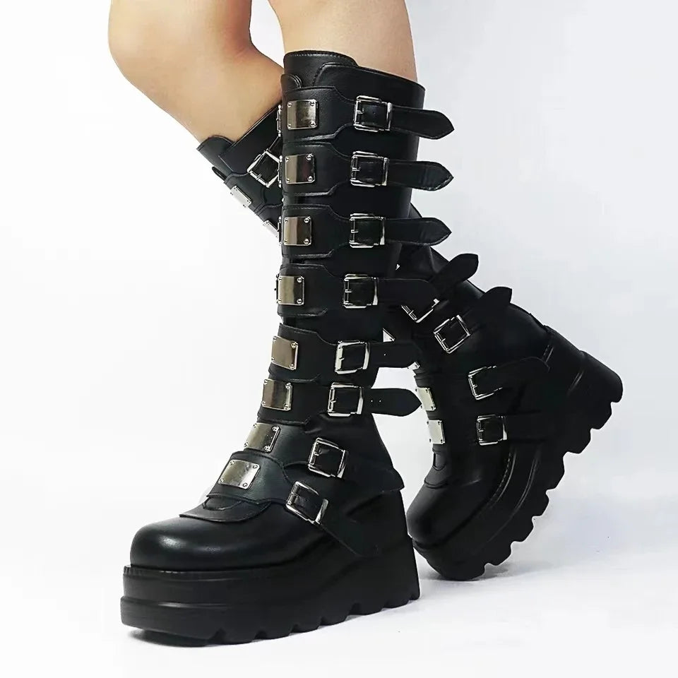 Bucklel Strap Gothic Knee High Boots