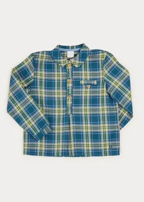 Checked Polo Collar Long Sleeve Shirt In Blue (4-10yrs)