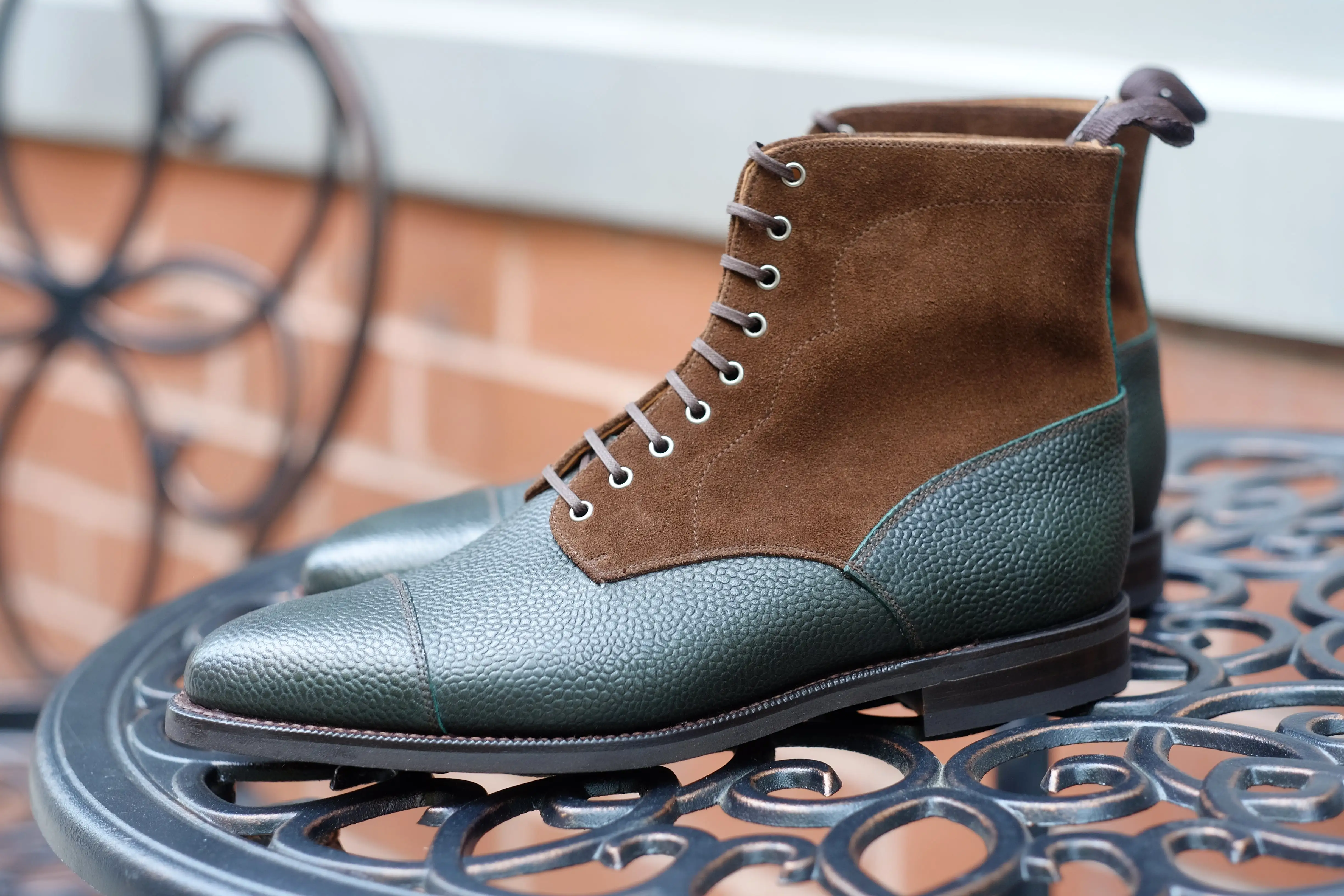 Delridge - MTO - Dark Green Grain / Dark Brown Suede - Aged Silver Eyelets (No Speedhooks)- TMG Last - Rugged Rubber Sole