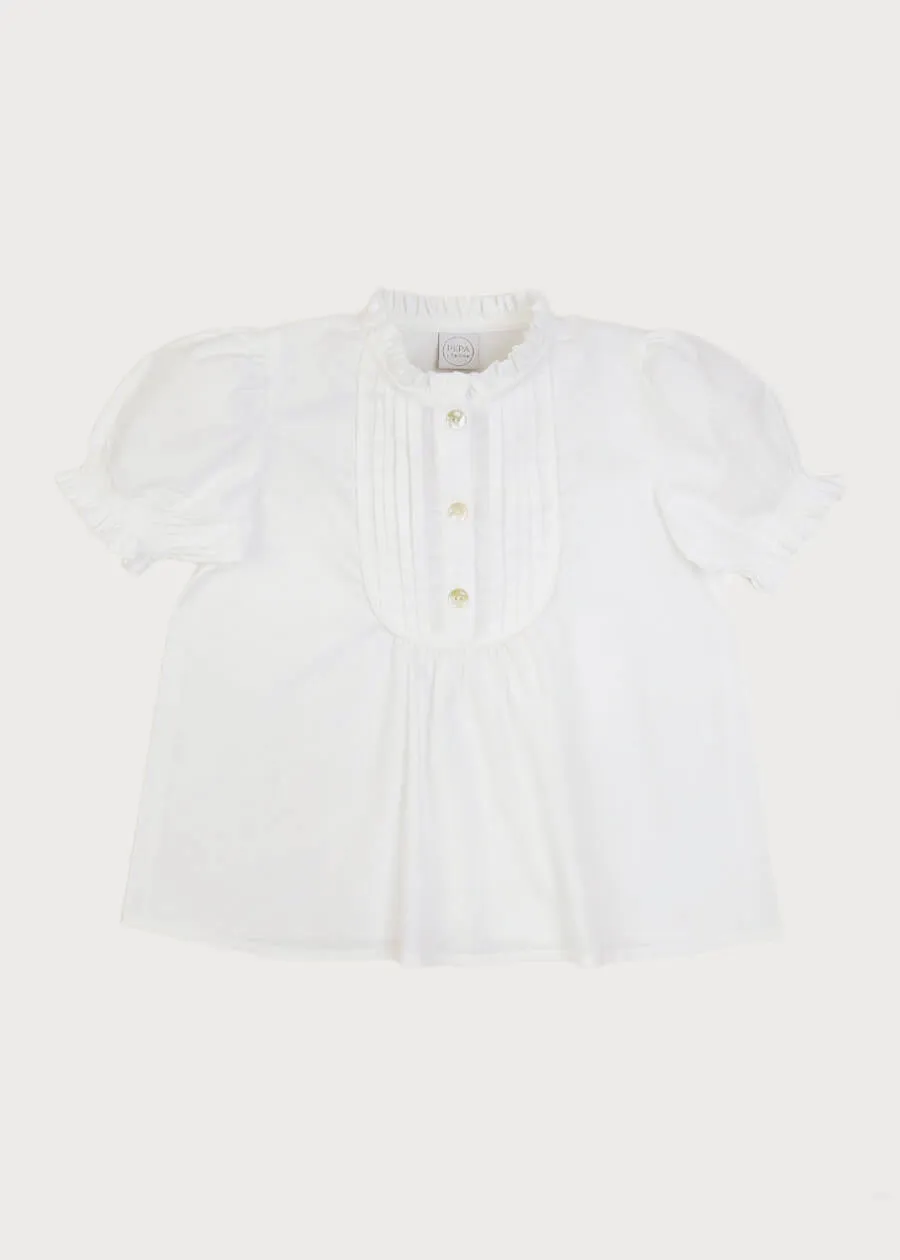 Frilly Neck Pleated Short Sleeve Blouse in White (18mths-10yrs)