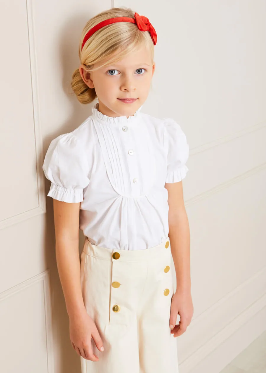 Frilly Neck Pleated Short Sleeve Blouse in White (18mths-10yrs)