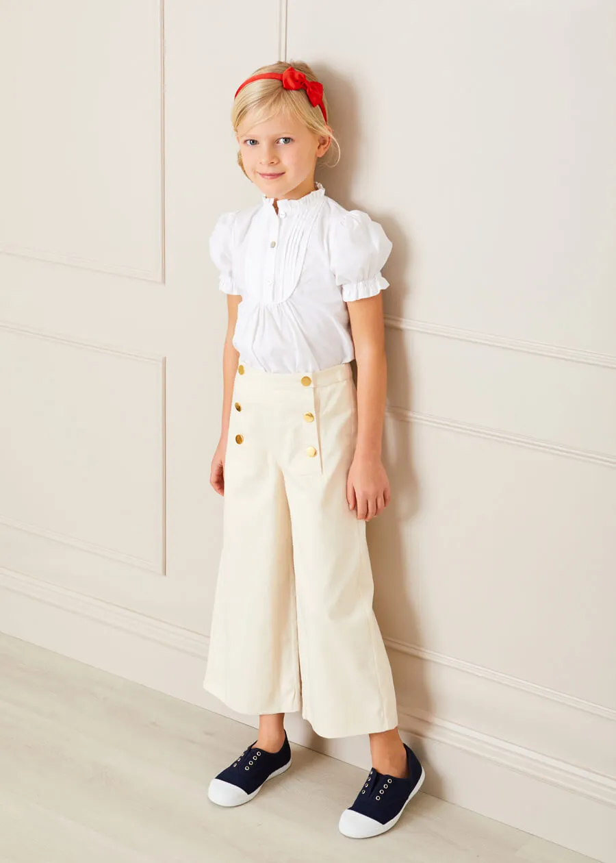 Frilly Neck Pleated Short Sleeve Blouse in White (18mths-10yrs)