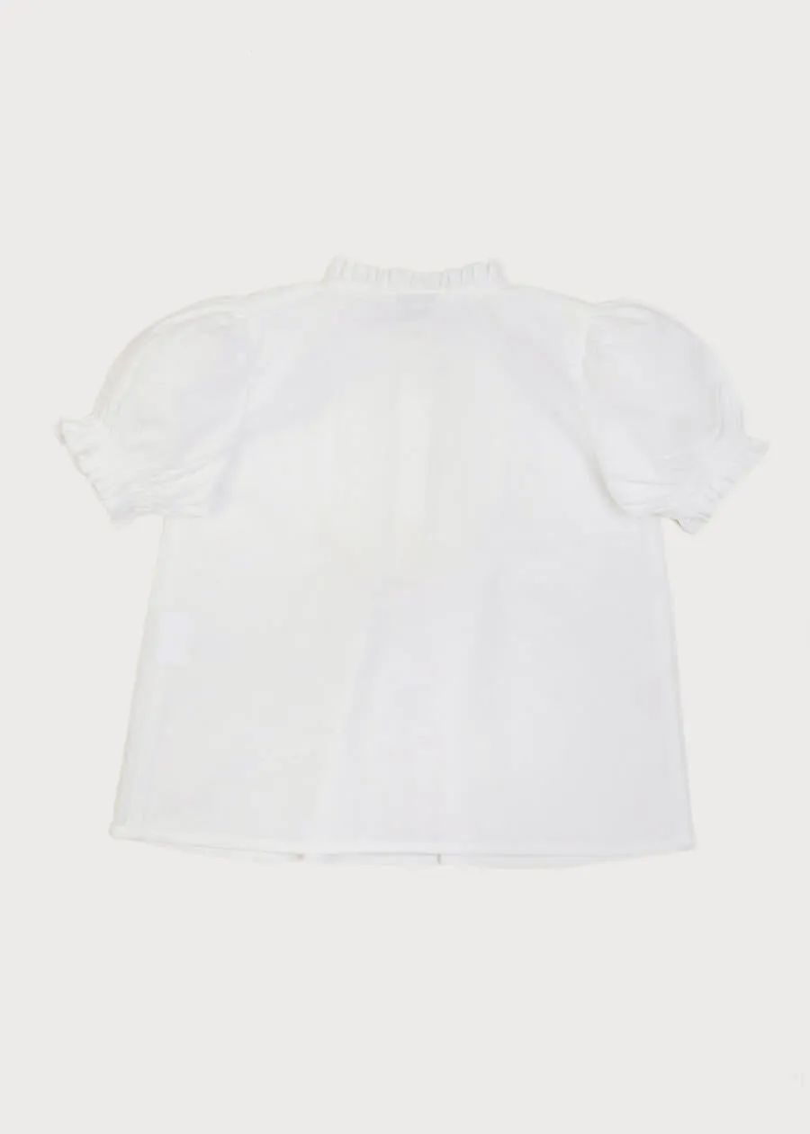 Frilly Neck Pleated Short Sleeve Blouse in White (18mths-10yrs)