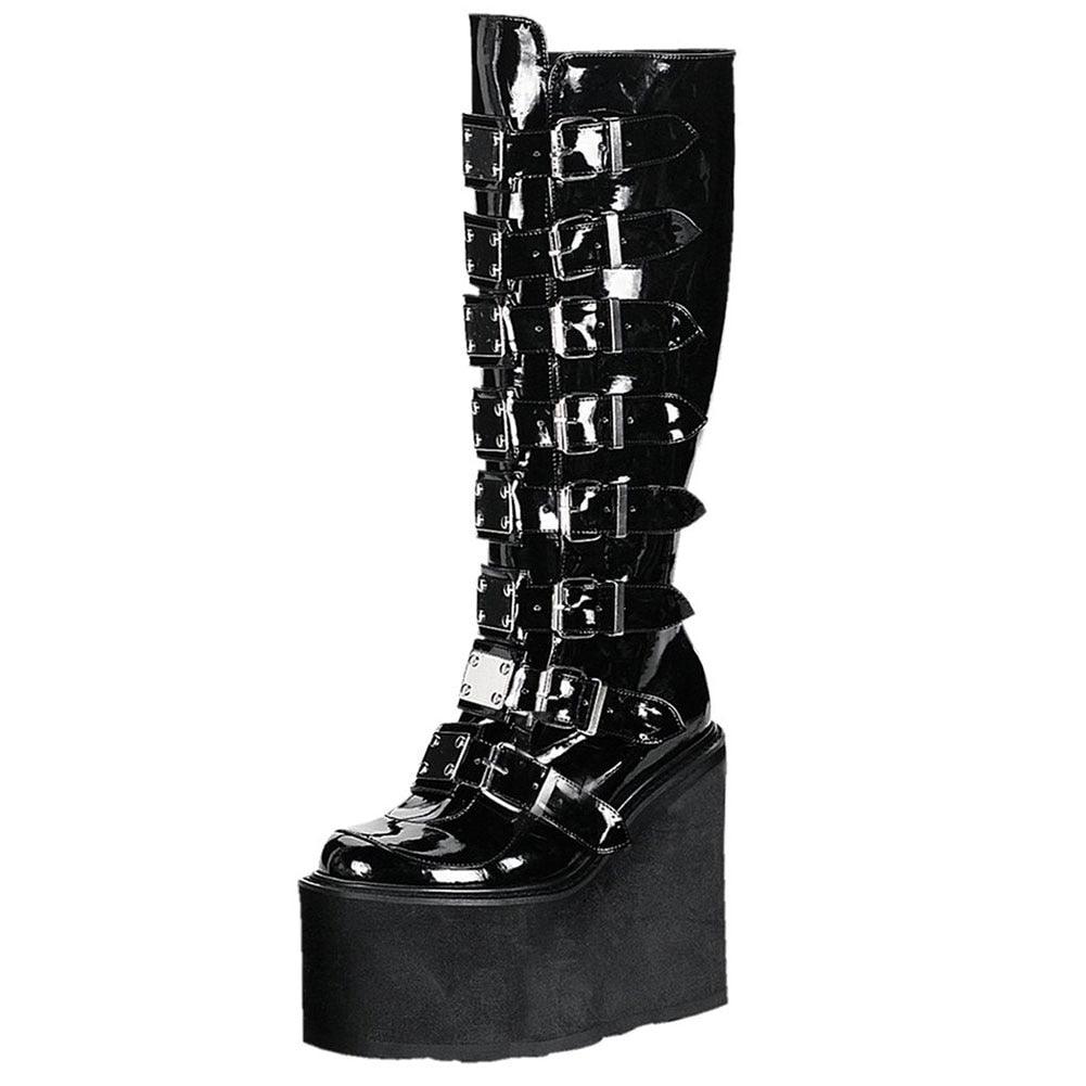 GIGIFOX Gothic Motorcycle Boots Zip High Heel Punk Rivets Chunky Platform Mid-Calf Women Boots