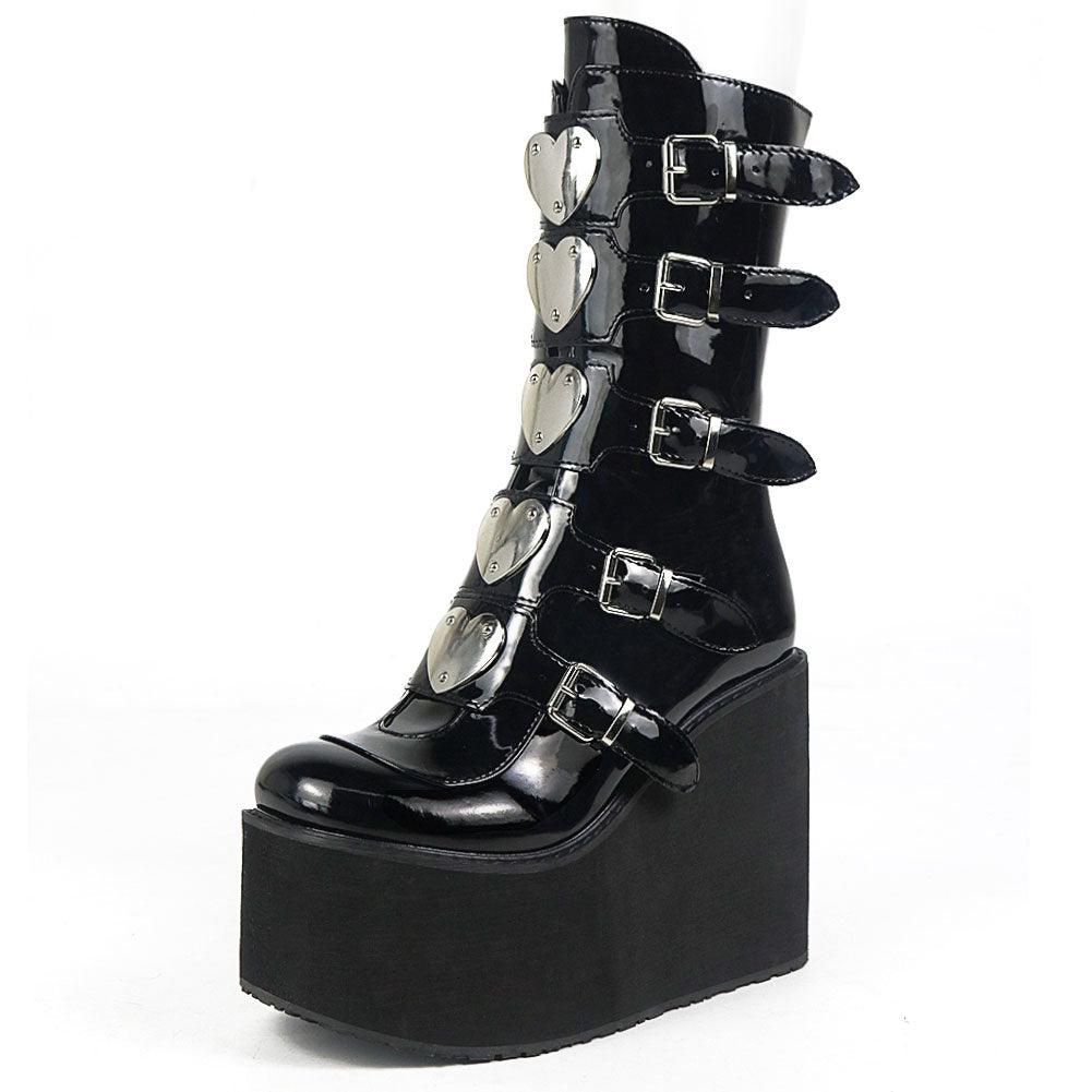 GIGIFOX Gothic Motorcycle Boots Zip High Heel Punk Rivets Chunky Platform Mid-Calf Women Boots