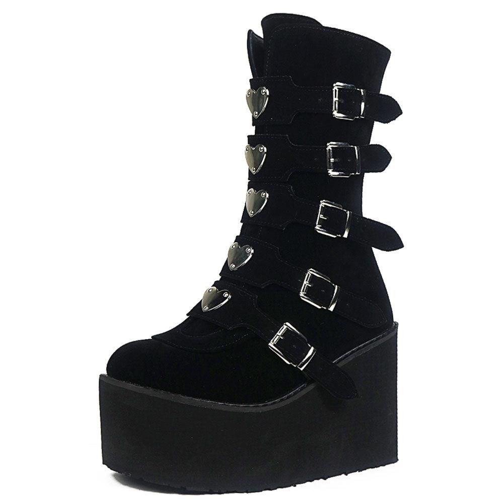 GIGIFOX Gothic Motorcycle Boots Zip High Heel Punk Rivets Chunky Platform Mid-Calf Women Boots