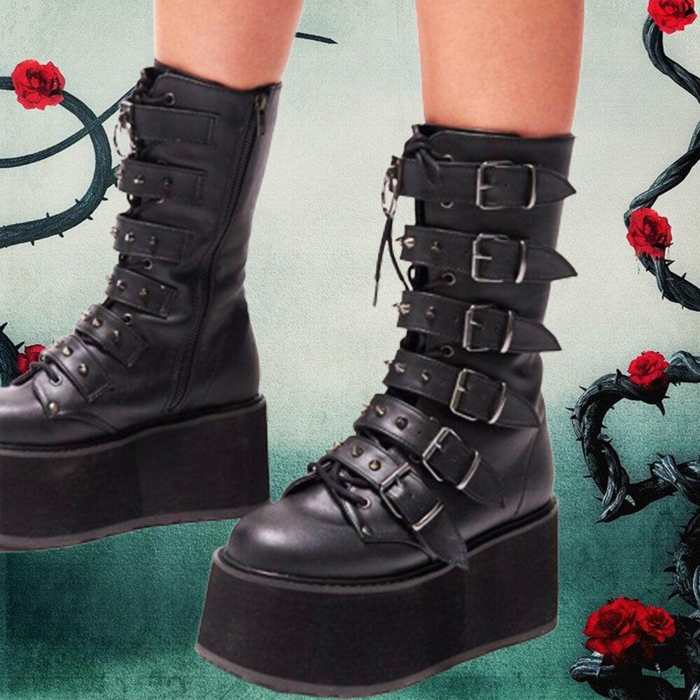 GIGIFOX Gothic Motorcycle Boots Zip High Heel Punk Rivets Chunky Platform Mid-Calf Women Boots