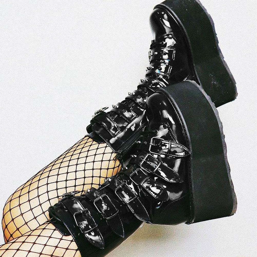 GIGIFOX Gothic Motorcycle Boots Zip High Heel Punk Rivets Chunky Platform Mid-Calf Women Boots