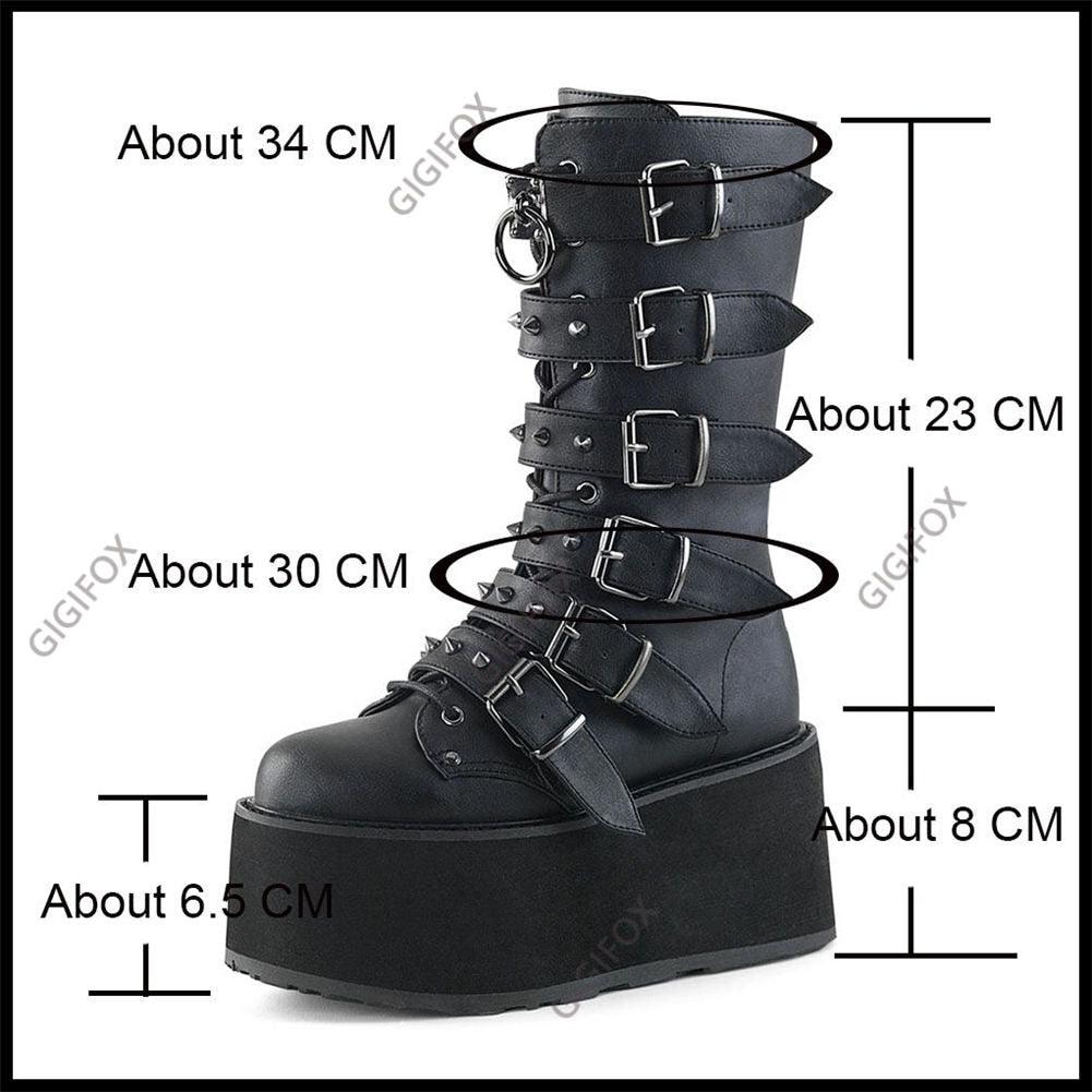 GIGIFOX Gothic Motorcycle Boots Zip High Heel Punk Rivets Chunky Platform Mid-Calf Women Boots