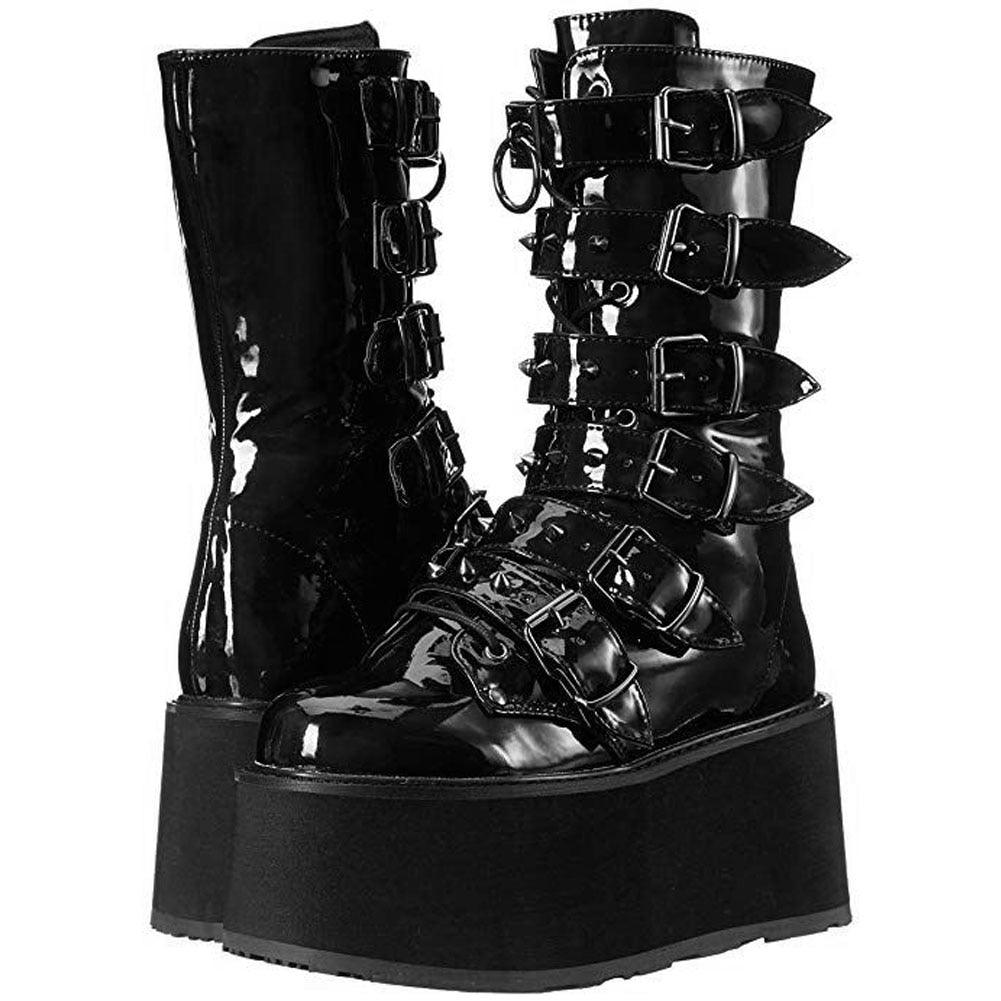 GIGIFOX Gothic Motorcycle Boots Zip High Heel Punk Rivets Chunky Platform Mid-Calf Women Boots