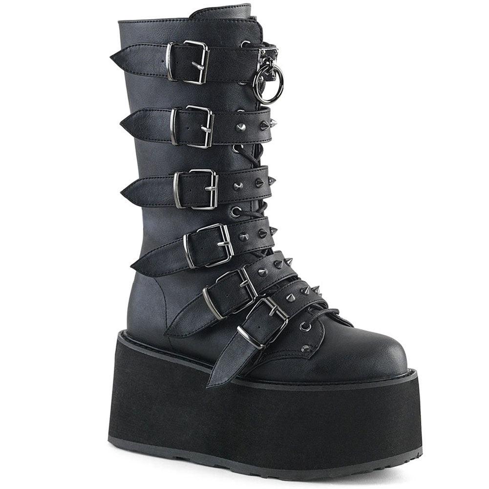 GIGIFOX Gothic Motorcycle Boots Zip High Heel Punk Rivets Chunky Platform Mid-Calf Women Boots