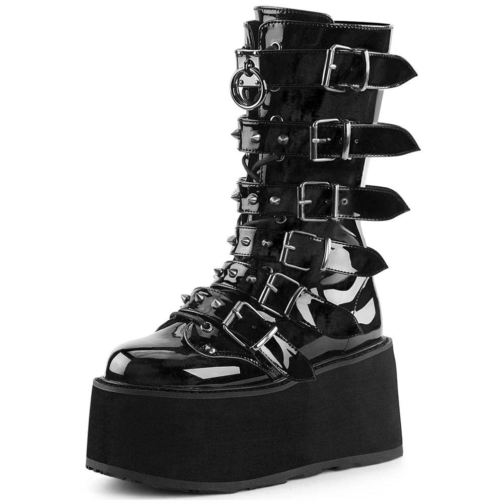 GIGIFOX Gothic Motorcycle Boots Zip High Heel Punk Rivets Chunky Platform Mid-Calf Women Boots