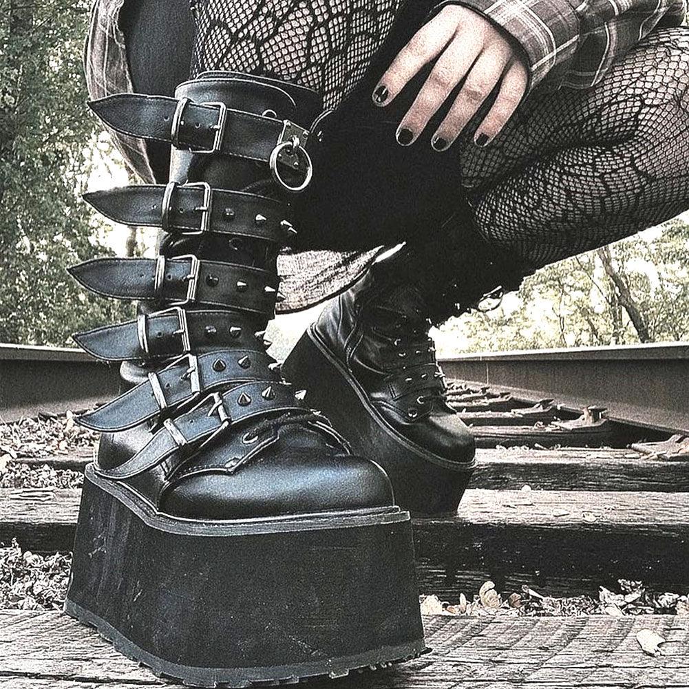 GIGIFOX Gothic Motorcycle Boots Zip High Heel Punk Rivets Chunky Platform Mid-Calf Women Boots