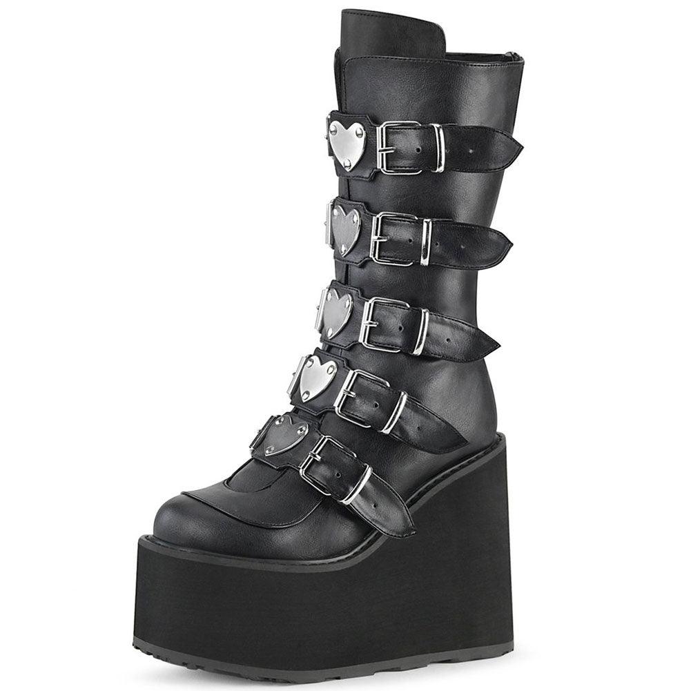 GIGIFOX Gothic Motorcycle Boots Zip High Heel Punk Rivets Chunky Platform Mid-Calf Women Boots