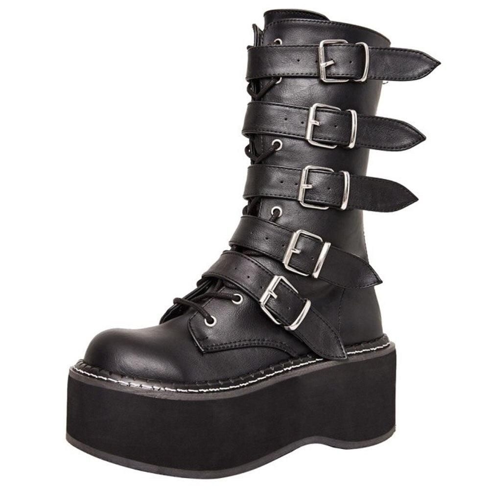 GIGIFOX Gothic Motorcycle Boots Zip High Heel Punk Rivets Chunky Platform Mid-Calf Women Boots