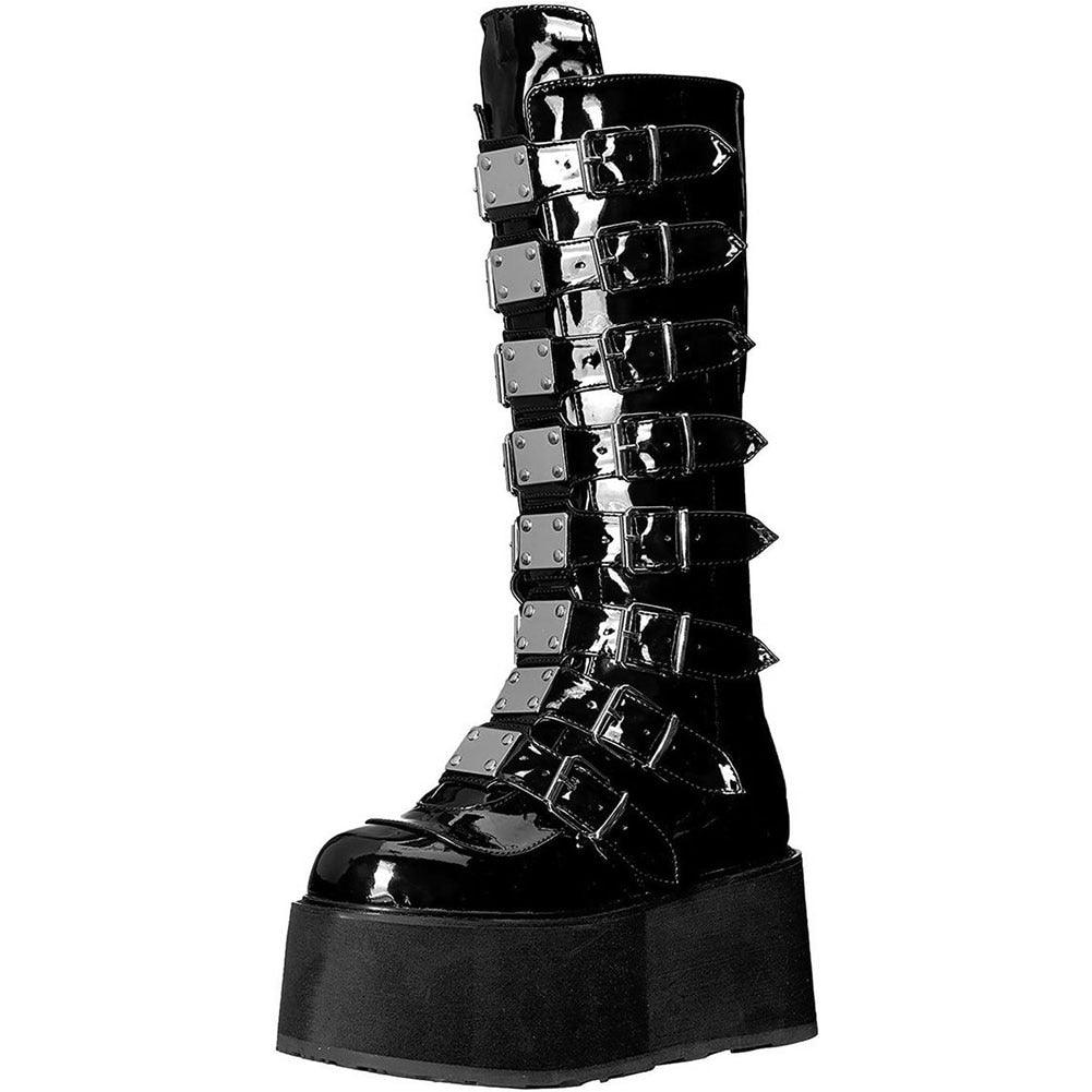 GIGIFOX Gothic Motorcycle Boots Zip High Heel Punk Rivets Chunky Platform Mid-Calf Women Boots