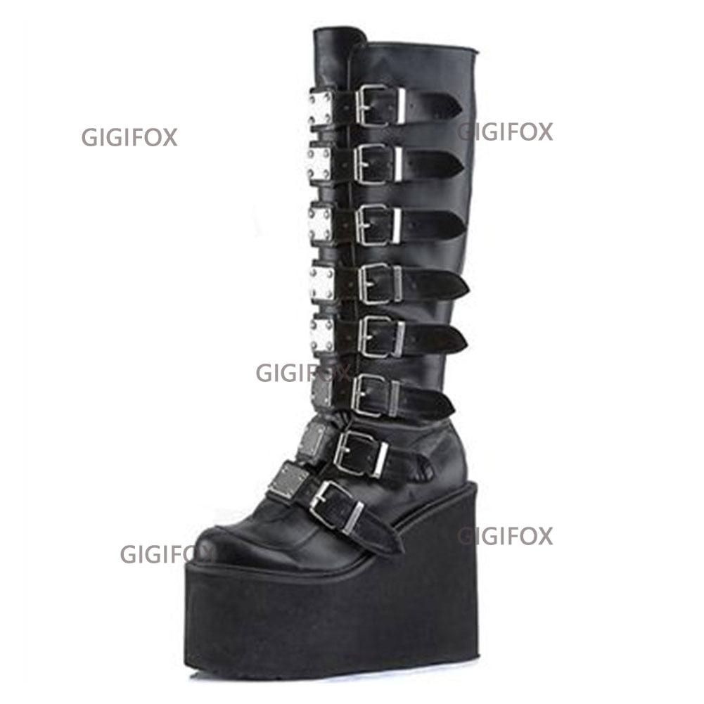 GIGIFOX Gothic Motorcycle Boots Zip High Heel Punk Rivets Chunky Platform Mid-Calf Women Boots