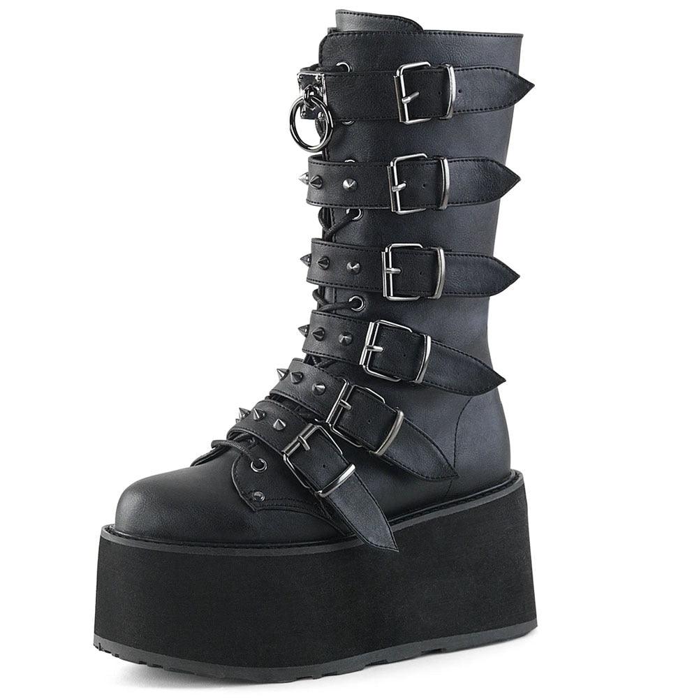 GIGIFOX Gothic Motorcycle Boots Zip High Heel Punk Rivets Chunky Platform Mid-Calf Women Boots