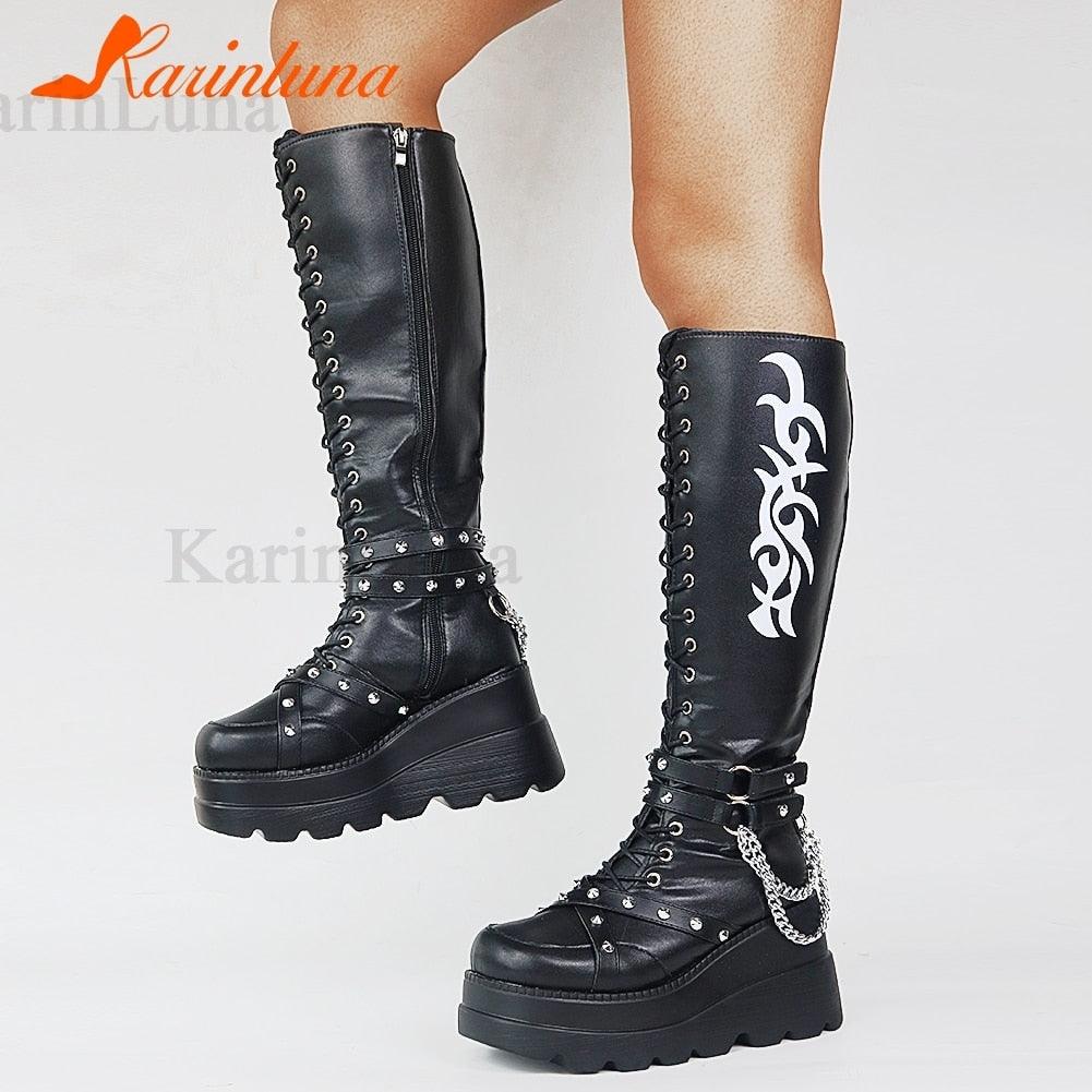 Gothic Style INS Hot Fashion Boots Women Shoes Black Wedges High Heels Buckles Platform Boots