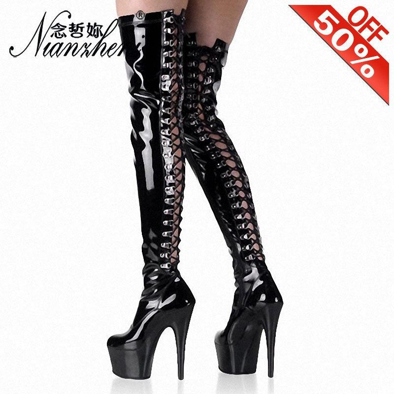 High Heel Long Over The Knee Boots Lace Up Black Gothic Luxury Pole Dance Boots