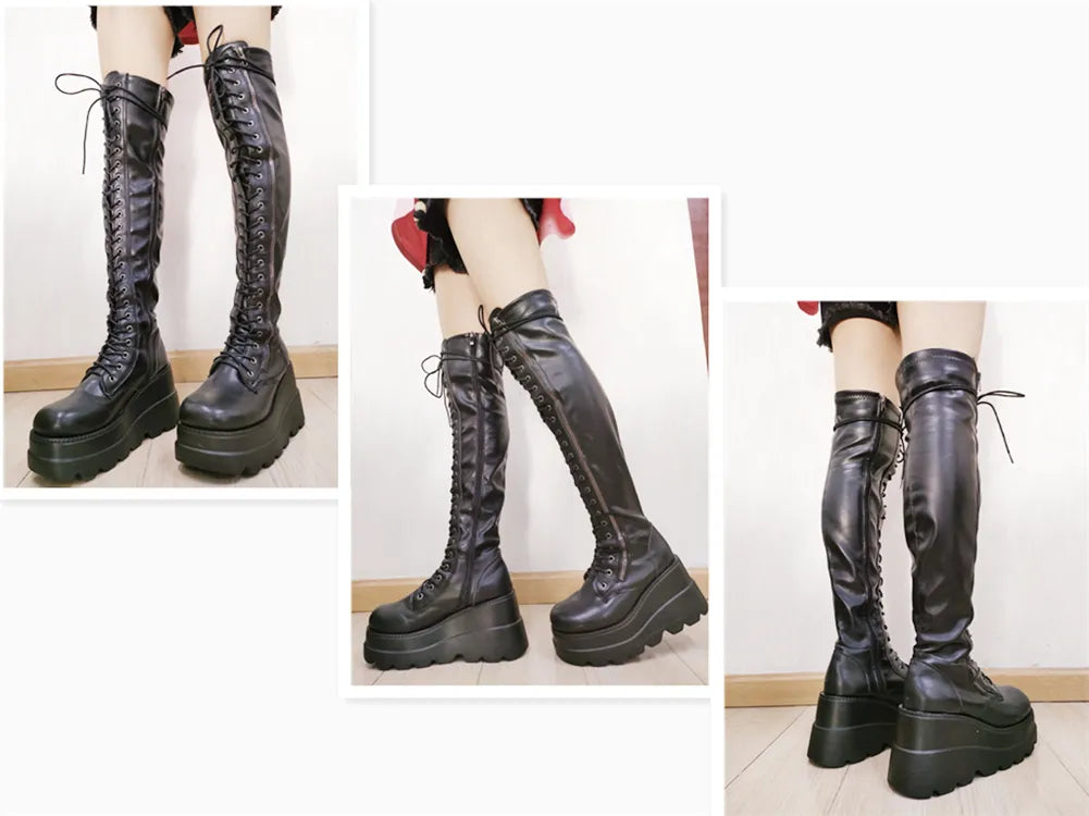 High Heels Thigh High Boots Black Platform Gothic Cosplay Boots For Women