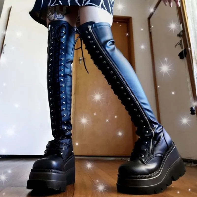 High Heels Thigh High Boots Black Platform Gothic Cosplay Boots For Women