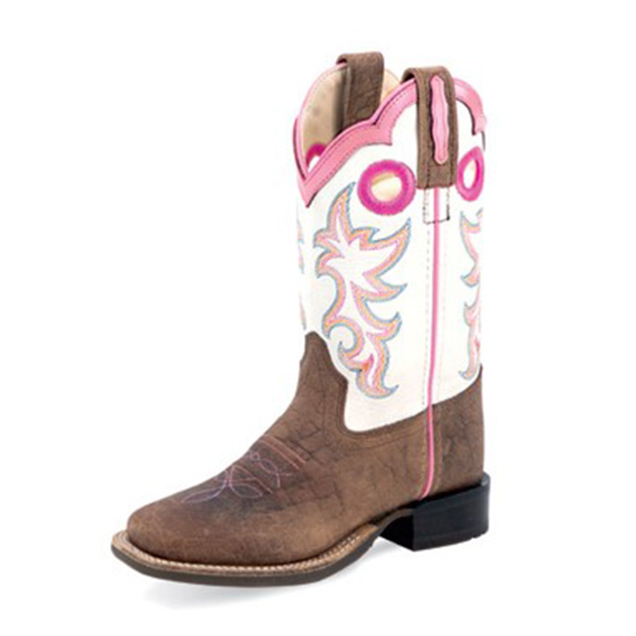 Jama Old West Kid's Brown/White and Pink Square Toe Boots