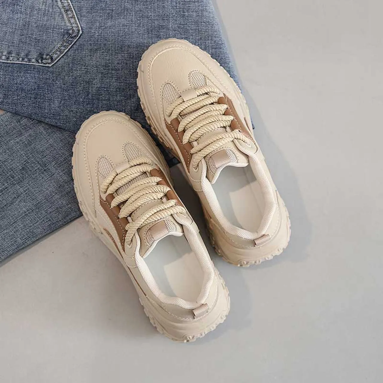 Khaki casual thread accents shoe sneaker