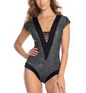 Leonisa Strappy Front Plunge Slimming One Piece Swimsuit (190902) - Gray