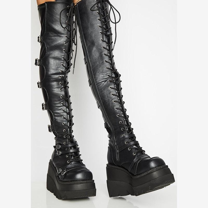 Lucyever Fashion Buckle Wedges Over The Knee Boots With Chunky Heels