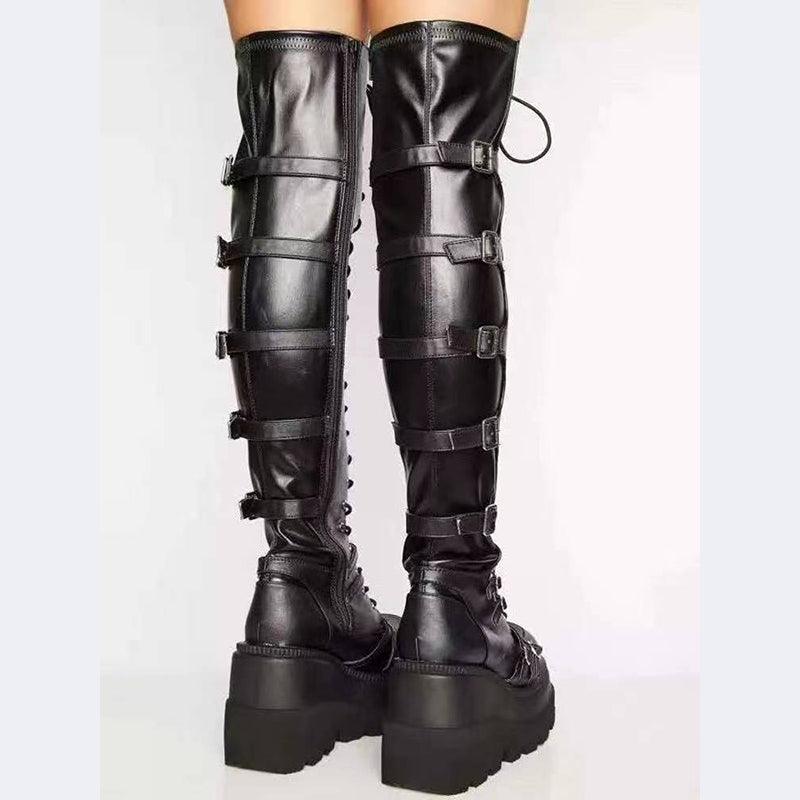 Lucyever Fashion Buckle Wedges Over The Knee Boots With Chunky Heels