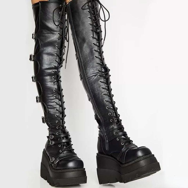 Lucyever Fashion Buckle Wedges Over The Knee Boots With Chunky Heels