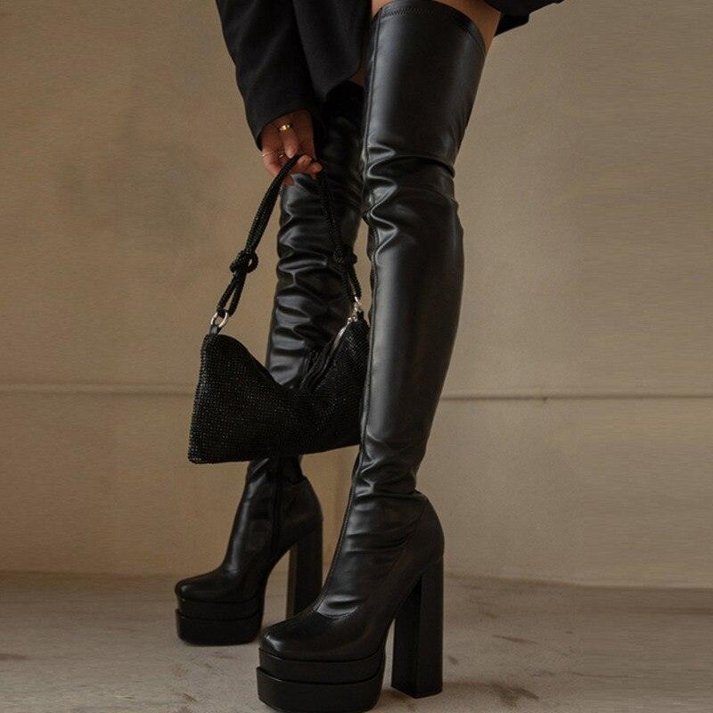 Make a Bold Statement with Our Block Heels Platform Gothic Over The Knee Boots with High Heels