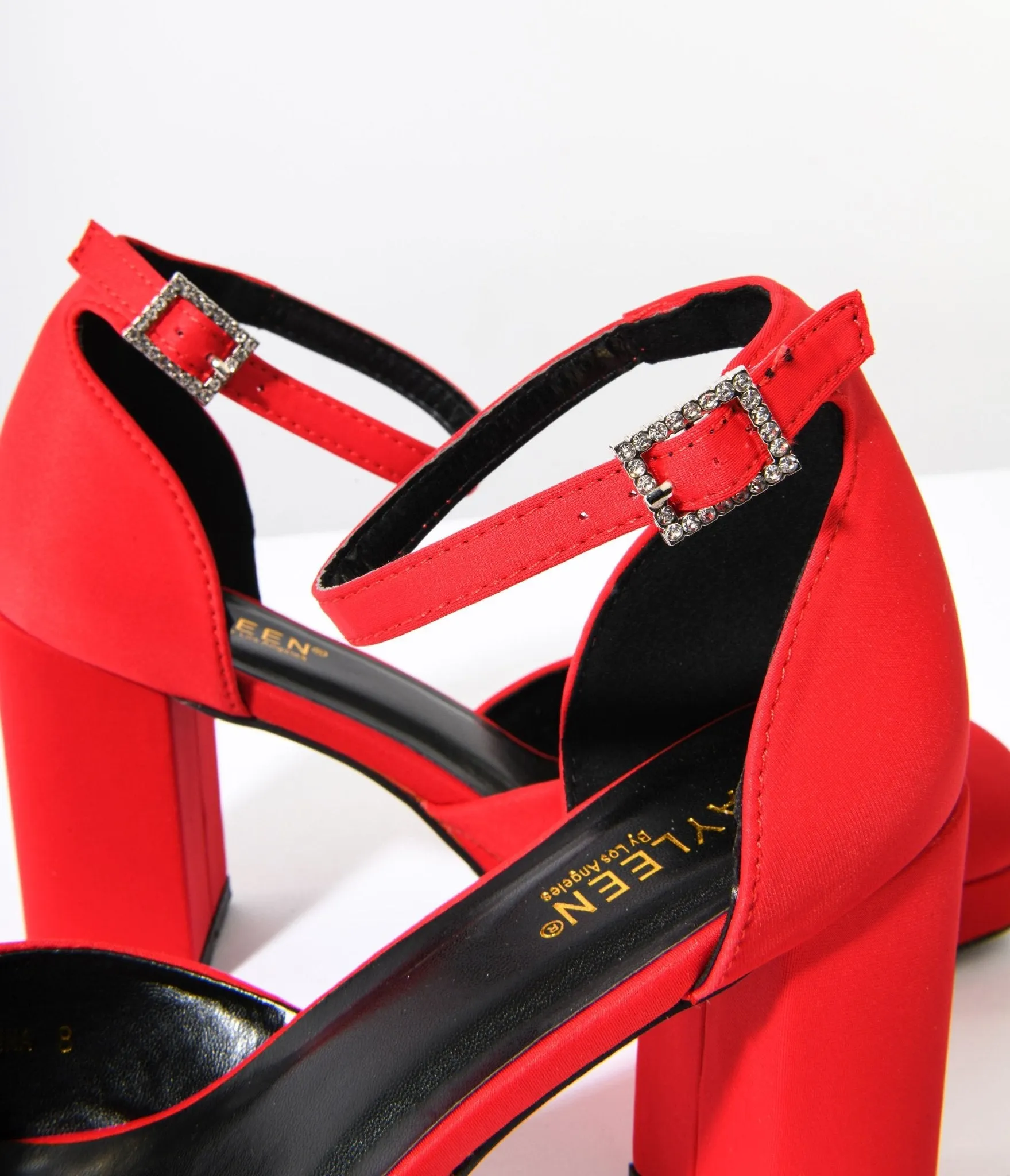 Red Satin & Rhinestone Buckle Pumps