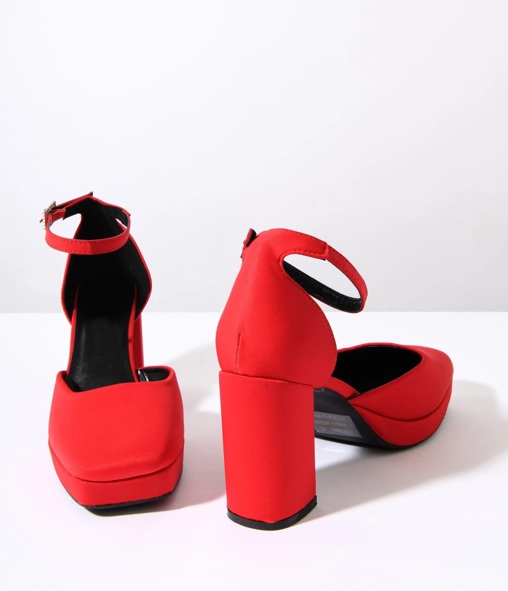 Red Satin & Rhinestone Buckle Pumps