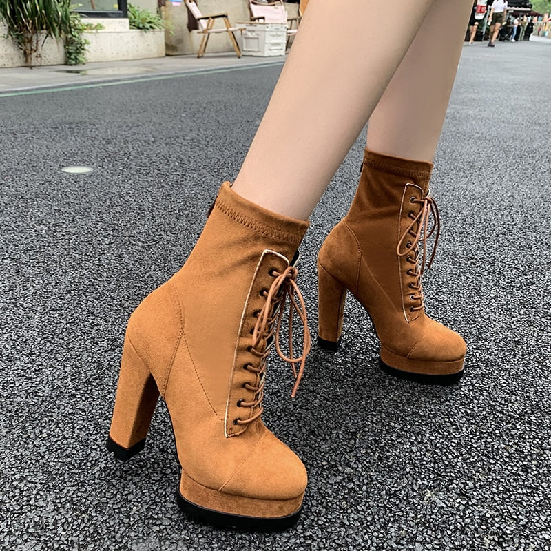 Sexy Winter Fashion Women's Lace Up High Heels Platform Ankle Boots