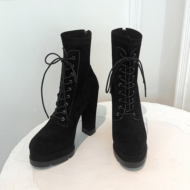 Sexy Winter Fashion Women's Lace Up High Heels Platform Ankle Boots