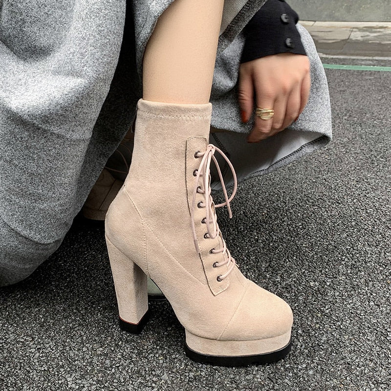 Sexy Winter Fashion Women's Lace Up High Heels Platform Ankle Boots