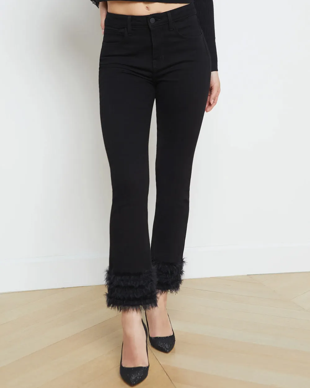 Tati High Rise Crop Micro Bootcut Feather Jean in Saturated Black