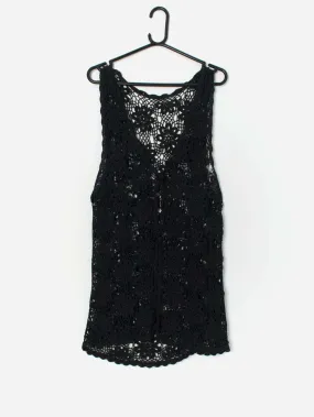 Vintage long crocheted vest / dress in black – Small