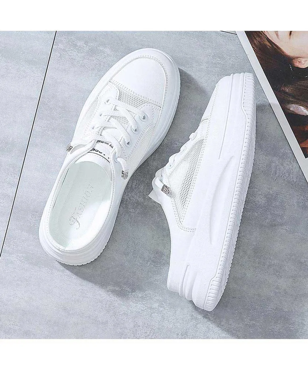 White lace hollow cut mule shoe sneaker