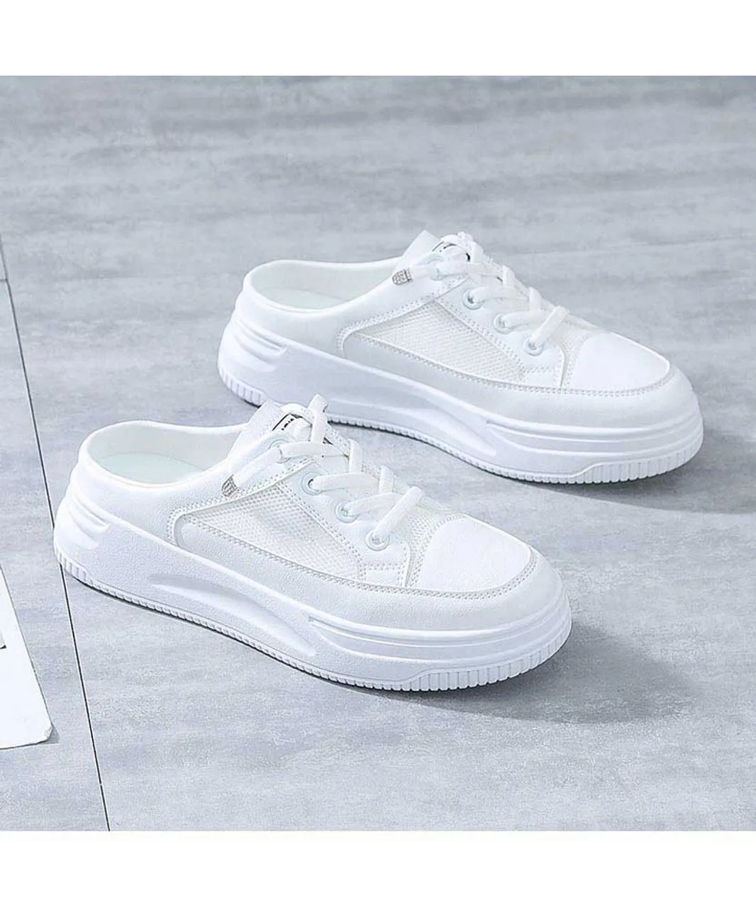 White lace hollow cut mule shoe sneaker