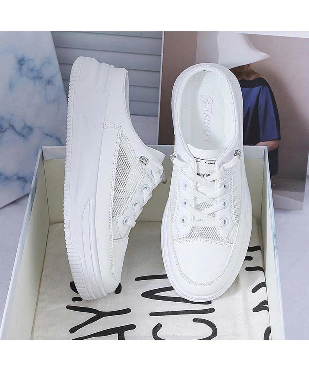 White lace hollow cut mule shoe sneaker