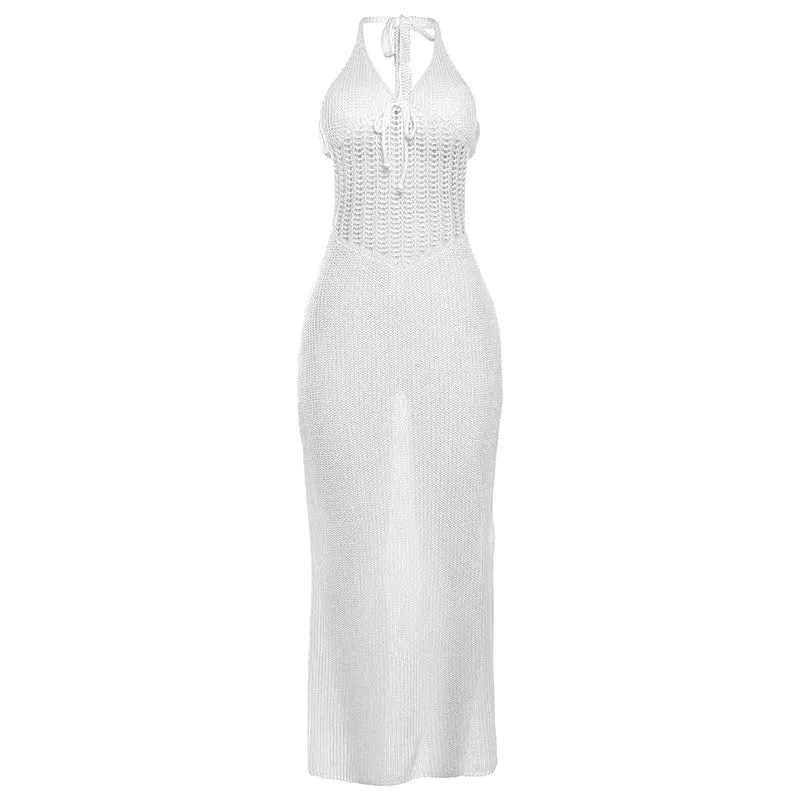 Women's White Sexy Hollow Knit Backless Crochet Beach Party Maxi Dress